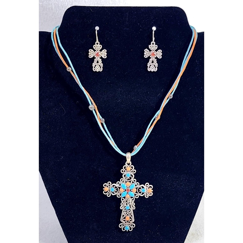 You & I Silver Tone CROSS Necklace Pierced Earrings Cord and Beads